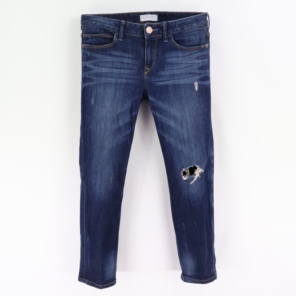 Express Modern Boyfriend Jeans Relaxed Fit Low Rise Womens Sz 4 Blue Distressed